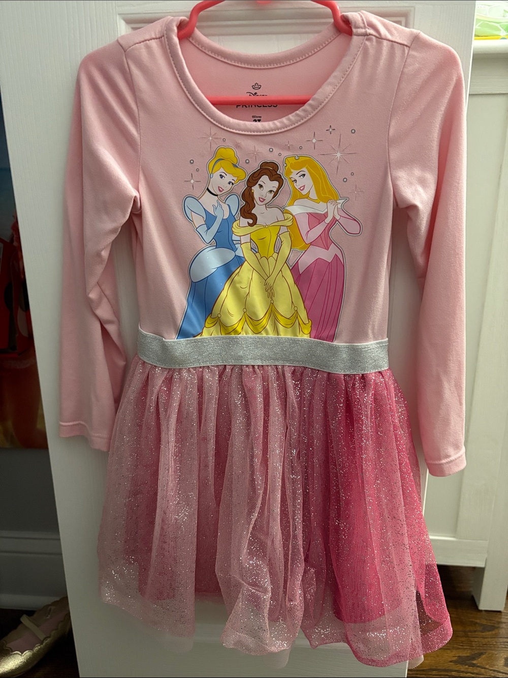 Disney Pink Princess Glitter Tulle Dress with Yellow & Blue Accents 3T